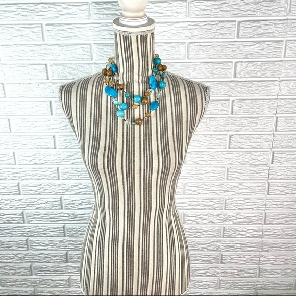 Multicolored Beaded Multi-Chain Statement Necklace Turquoise Blue Brown Red - Picture 2 of 4
